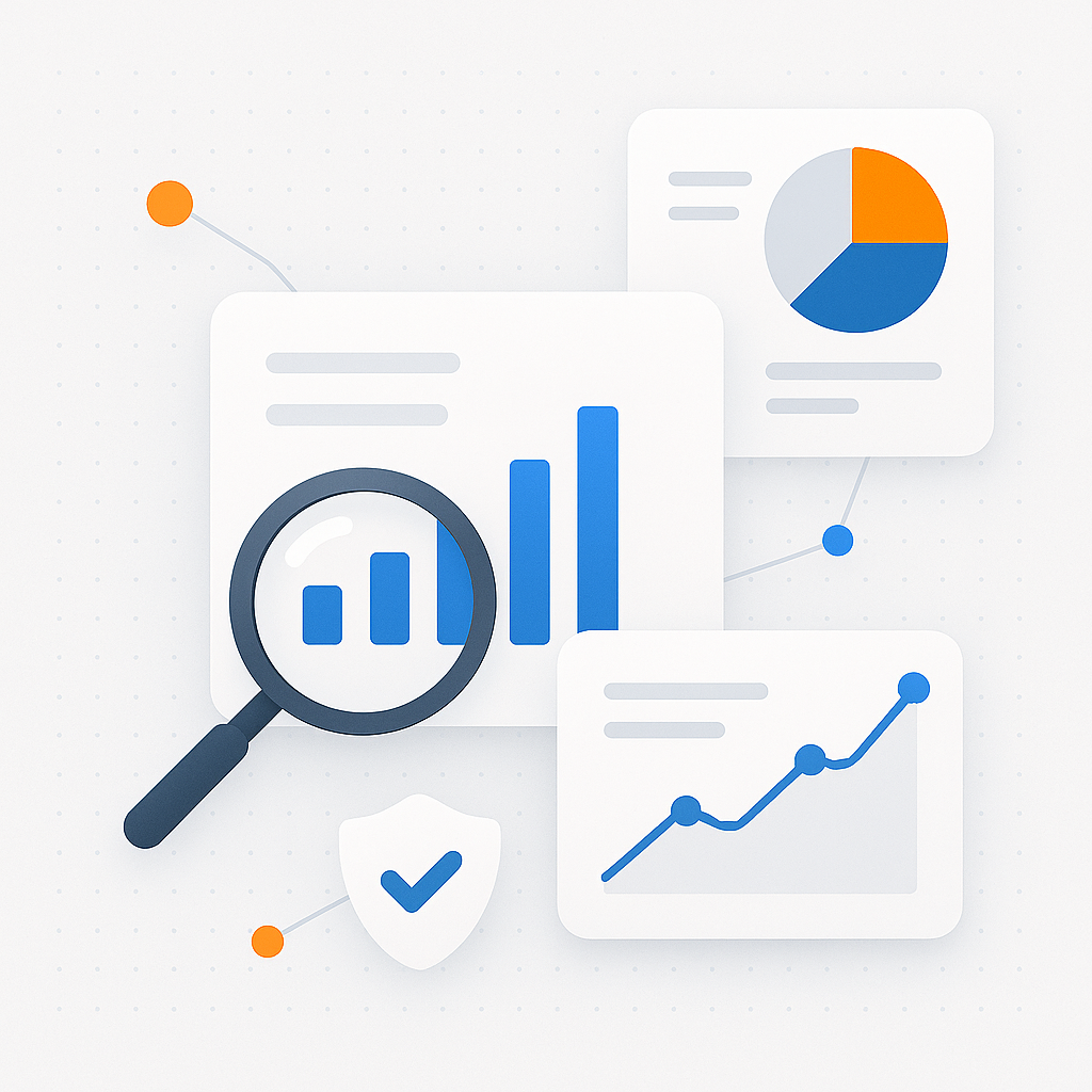 Amazon seller data intelligence — a magnifying glass over verified seller records, charts and marketplace analytics from The Sellers Index lookup tool