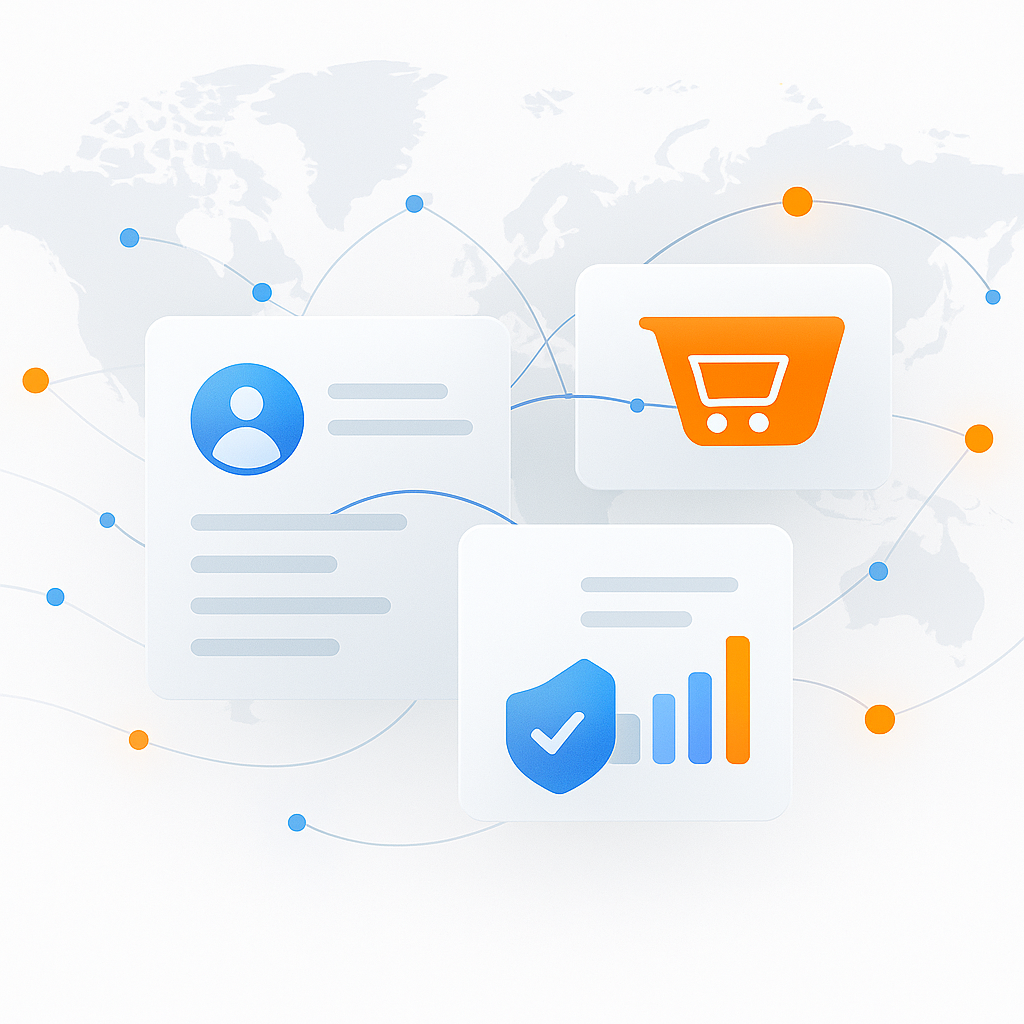Global Amazon seller coverage network: world map with connected seller nodes, profile cards, shopping cart, and shield verification icon — representing The Sellers Index tracking 67,416 storefronts across 6 marketplaces