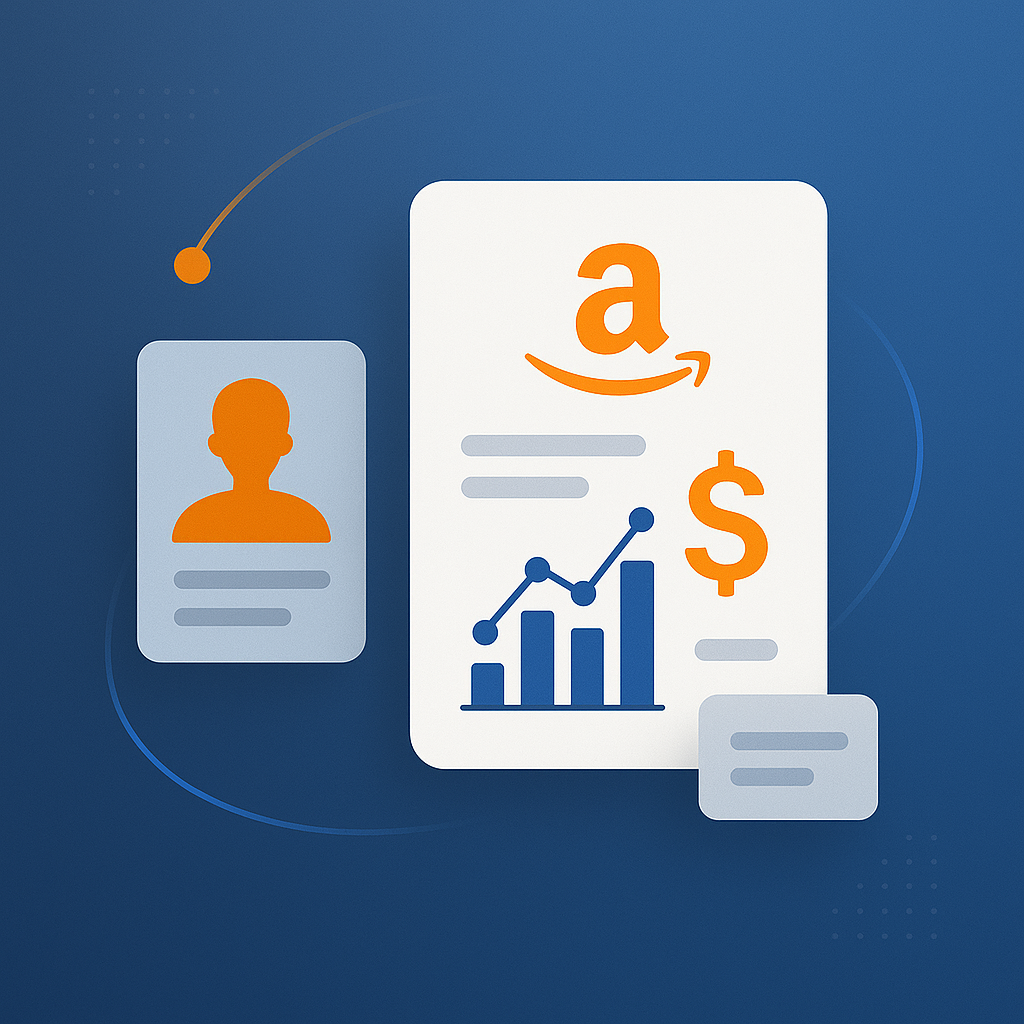 A verified Amazon seller record card showing analytics charts, Amazon logo, profile silhouette, and enriched business data fields
